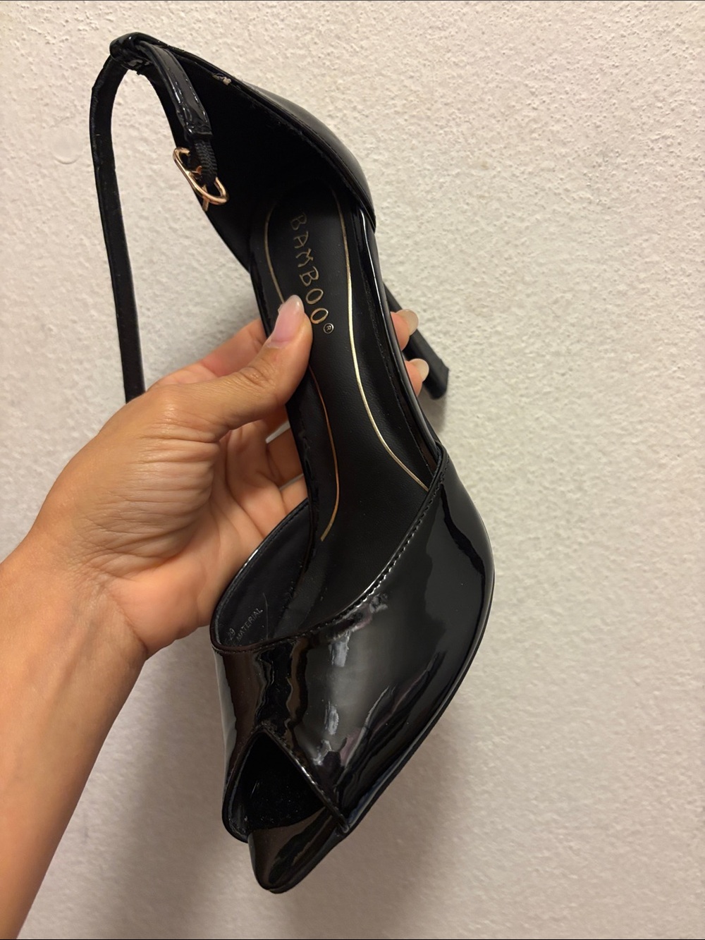Bamboo Black Patent Peep-Toe Ankle Strap Heels